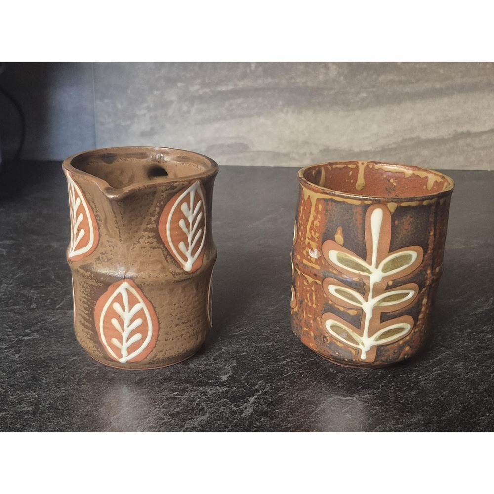 MCM Set of 2 Vintage Japanese Pottery Creamer Pitcher Mug Cup Plants Leaves - Picture 2 of 6